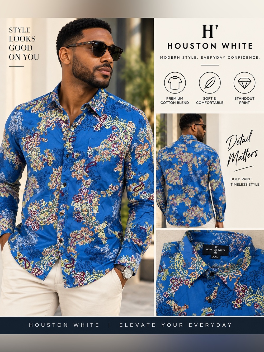 Houston White Men’s Royal Blue Paisley Print Button-Down Shirt Sz XXL